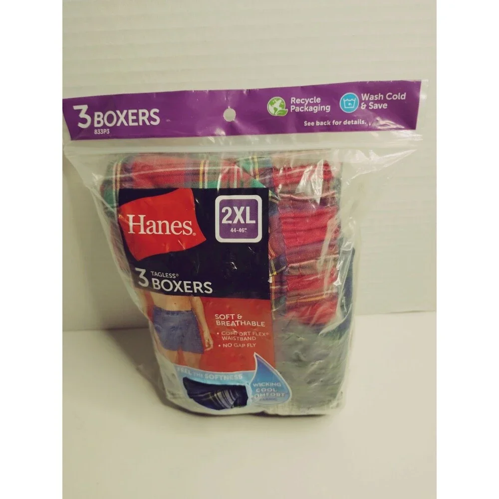 Hanes Tagless Breathable Moisture Wicking Boxer Shorts 3-boxers Plaid 2XL